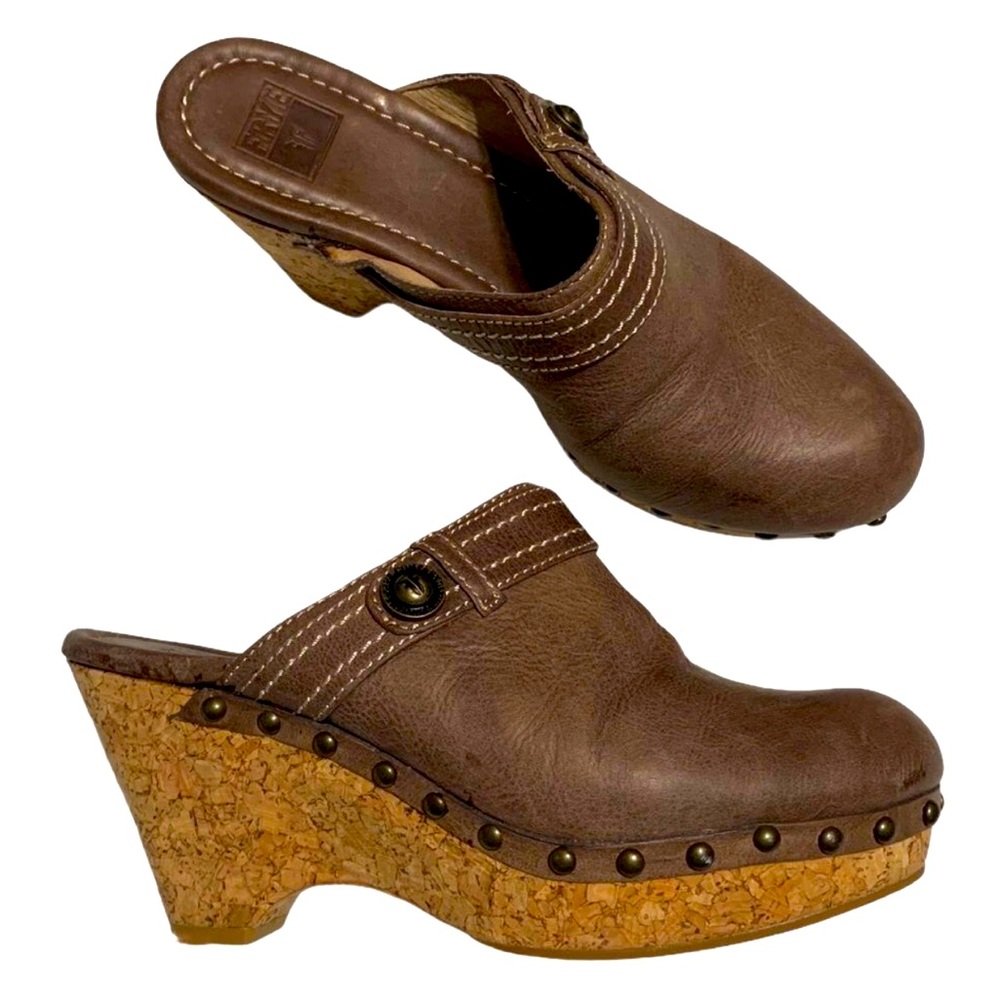Frye Audra Button Brown Leather Cork Platform Clogs size 9